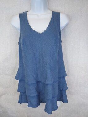 CLICK Color Me Cotton 100% Linen Womens Tank Top S Tiered Ruffle Lagenlook Flowy